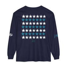 Load image into Gallery viewer, VINTAGE STARS AND STRIPES LONG SLEEVE (UNISEX) TEAL AND WHITE INK