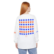 Load image into Gallery viewer, VINTAGE STARS AND STRIPES LONG SLEEVE (UNISEX) ROYAL AND ORANGE INK