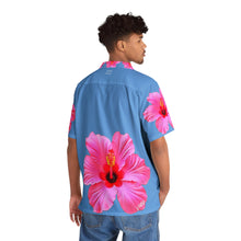 Load image into Gallery viewer, VINTAGE NEW HAWAIIAN (WELCOME TO BOTANY 101 PINK FLOWER) ON BABY BLUE
