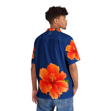 Load image into Gallery viewer, VINTAGE NEW HAWAIIAN (WELCOME TO BOTANY 101 ORANGE FLOWER) ON BLUE