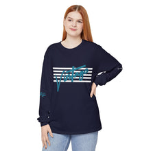 Load image into Gallery viewer, VINTAGE STARS AND STRIPES LONG SLEEVE (UNISEX) TEAL AND WHITE INK