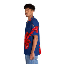 Load image into Gallery viewer, VINTAGE NEW HAWAIIAN (WELCOME TO BOTANY 101 RED FLOWER) ON BLUE