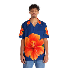 Load image into Gallery viewer, VINTAGE NEW HAWAIIAN (WELCOME TO BOTANY 101 ORANGE FLOWER) ON BLUE